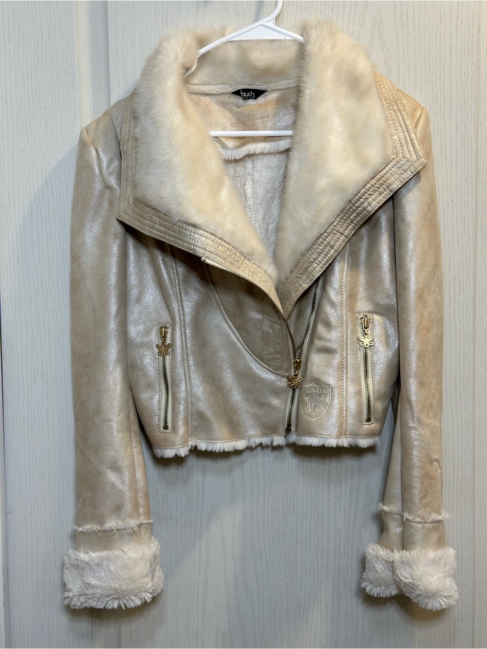 Metallic Gold Faux Fur Cropped Moto Jacket - Mob Wife / Y2K Style 18”ptp